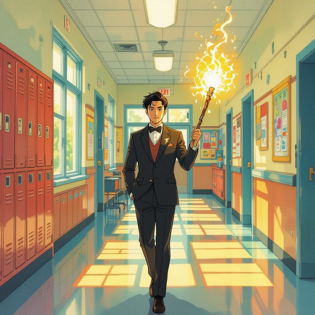 Man with Magic Stick in School Hallway, Digital Art