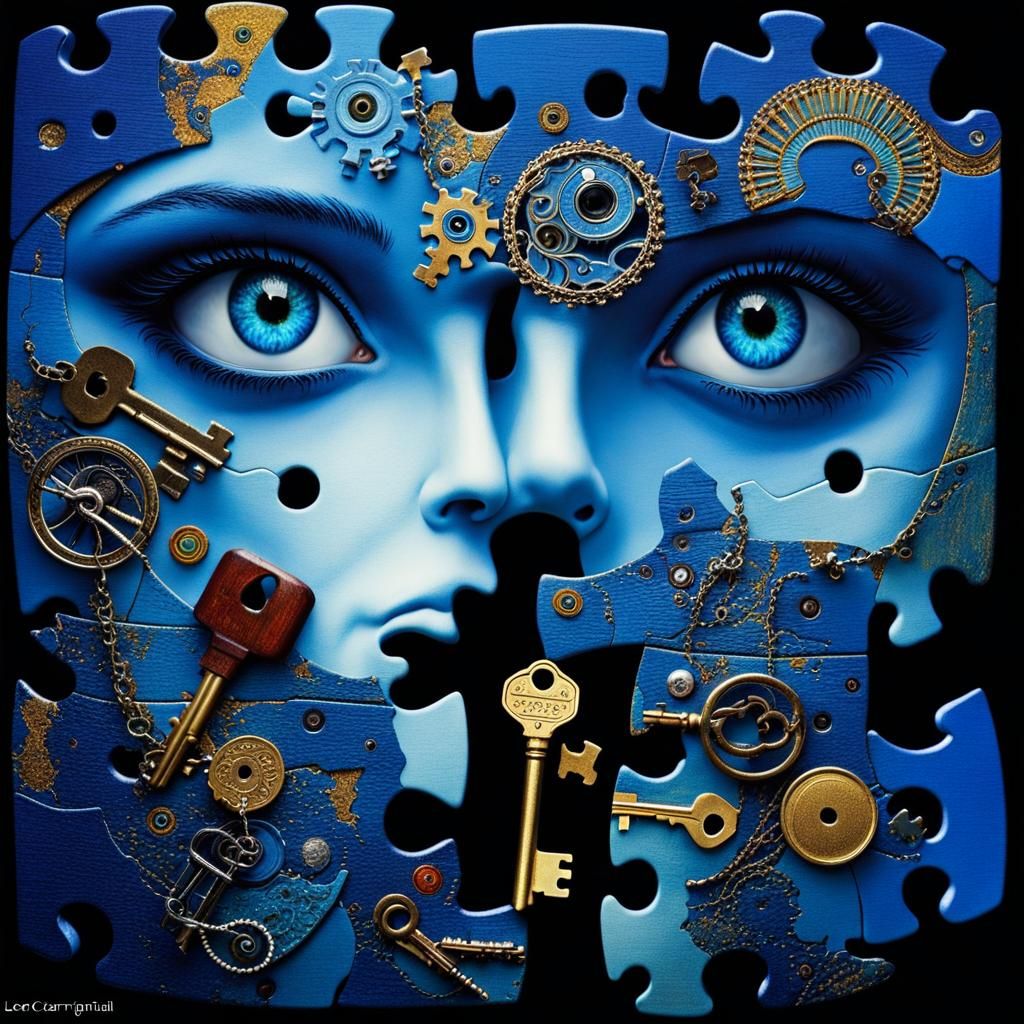 Surreal Gothic Keys with Blue Eye, Watercolor Art