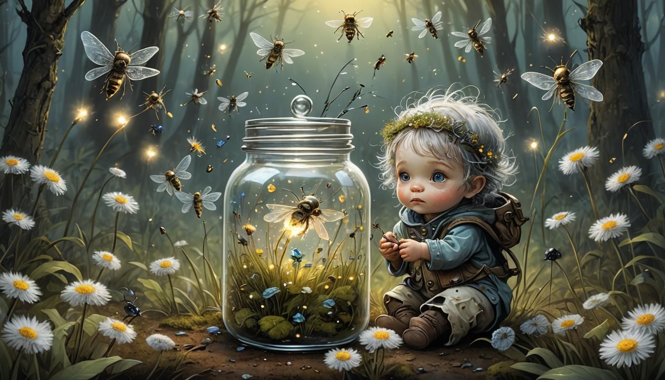 Adorable Silver Fireflies in Impressionistic Forest Scene