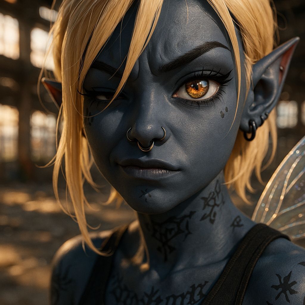 Goth Pixie with Iridescent Wings in Anime Style