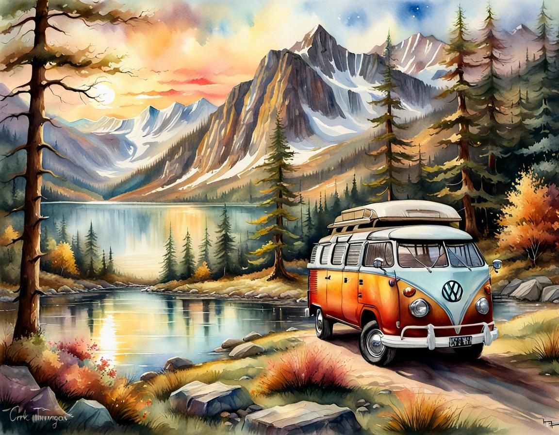 Vintage VW Camper Van by Mountain Lake