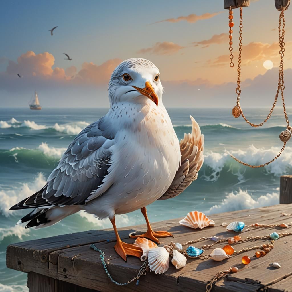 Seagull with Seashell Necklace in Fantasy Realism