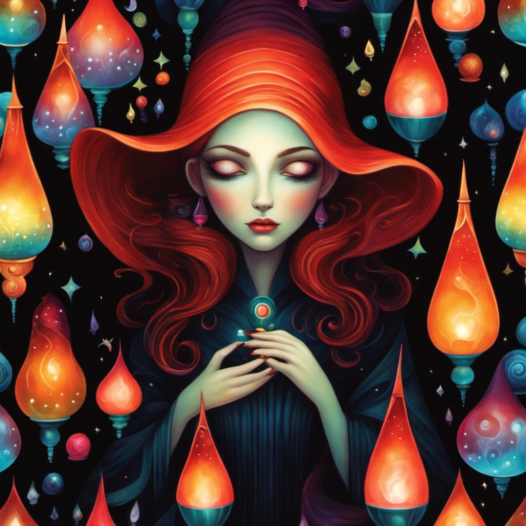 Mysterious Witch Surrounded by Floating Lava Lamps