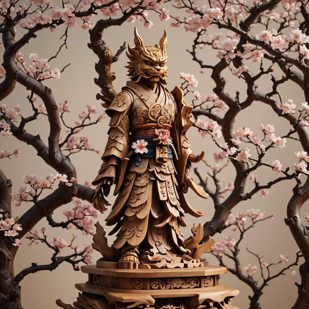 Intricate Japanese Wood Carving with Anime Colors