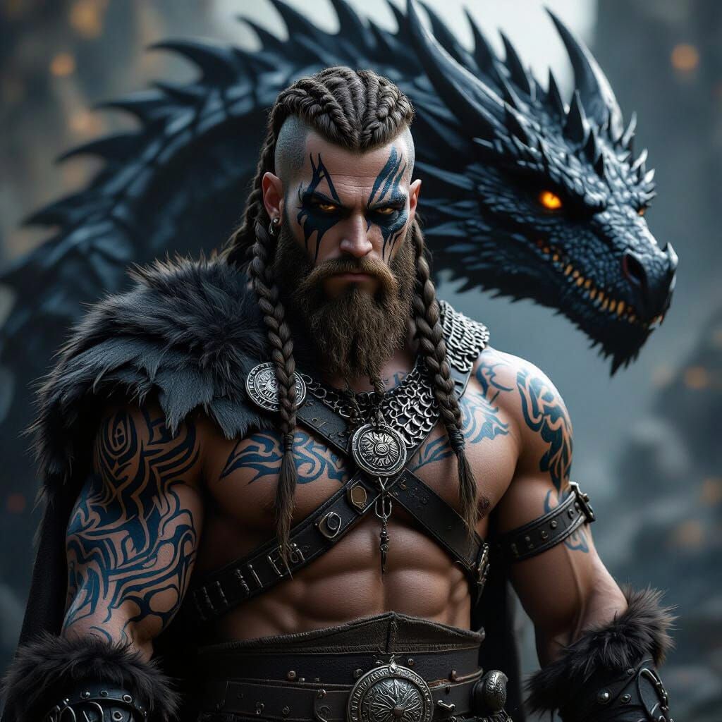 Muscular Viking Warrior With Obsidian Dragon, Fantasycore Ar...