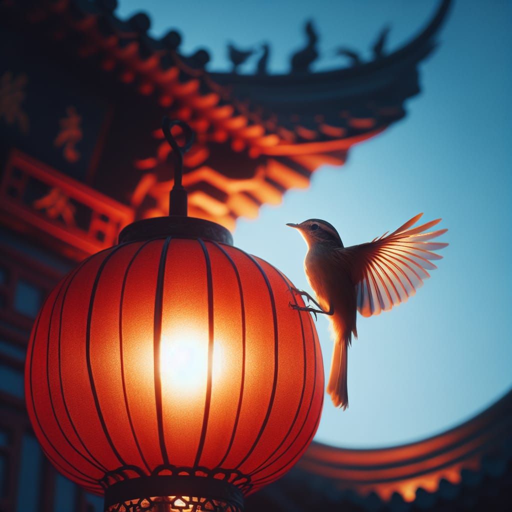 Bird on Chinese Lantern in Eastern Setting