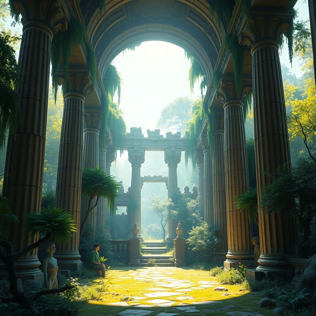 Temple Ruin Overgrown with Greenery in Dreamy Landscape