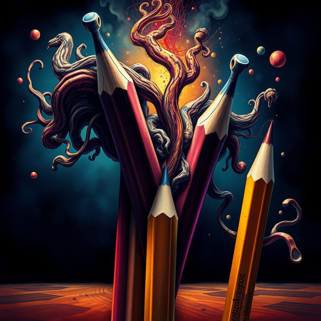 Pencils Morphing into Organic Forms in Surrealist Style