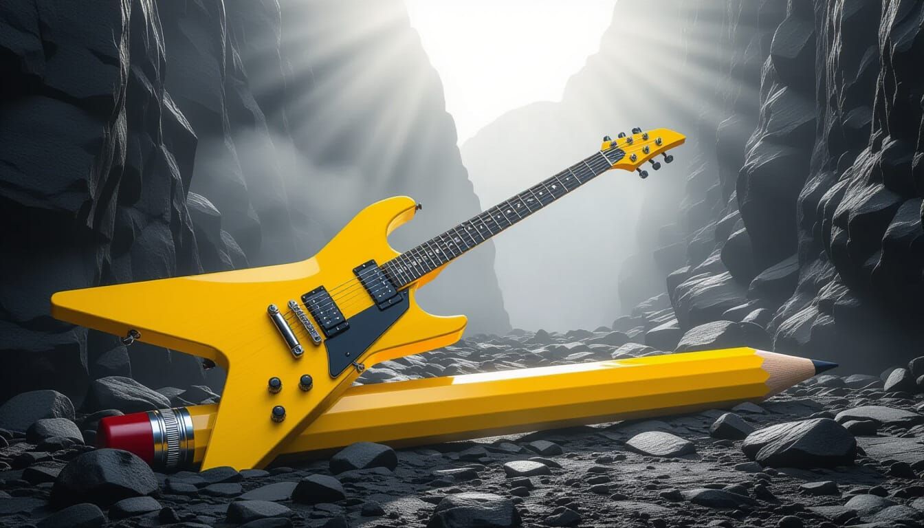 Yellow Wood Guitar Becomes Giant Pencil in Canyon