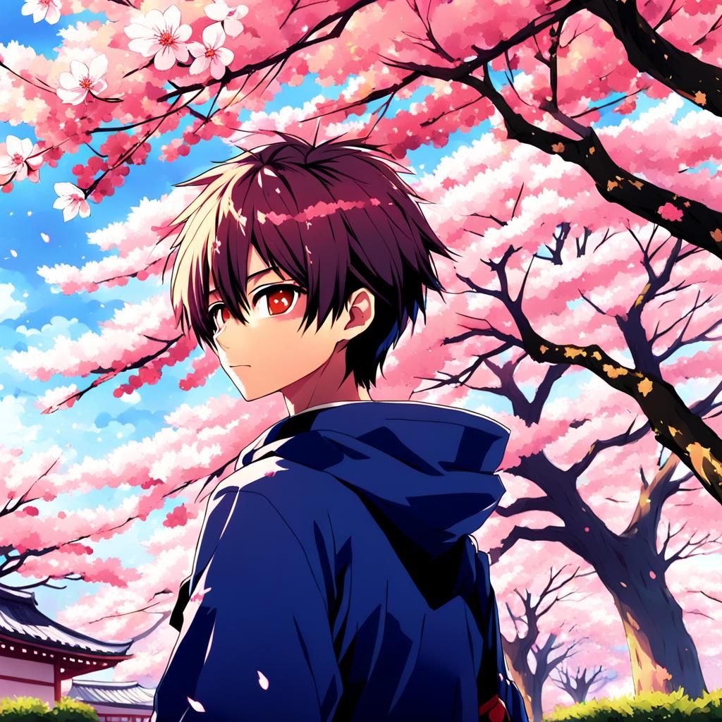 Boy and Sakura Tree in Anime Style