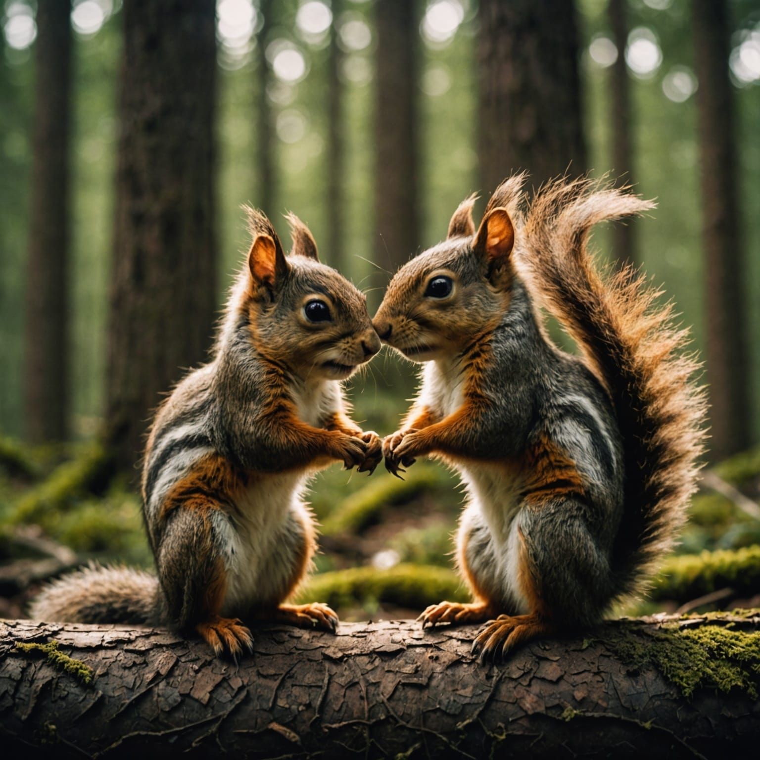 Affectionate Baby Squirrels in Forest, Cinematic Still