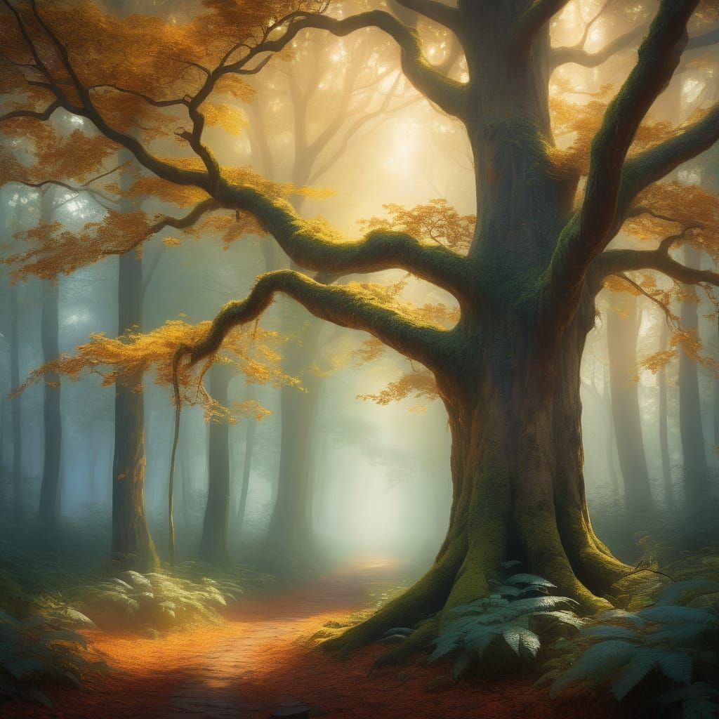 Tree Blooms in Misty Forest: Impressionist Fantasy