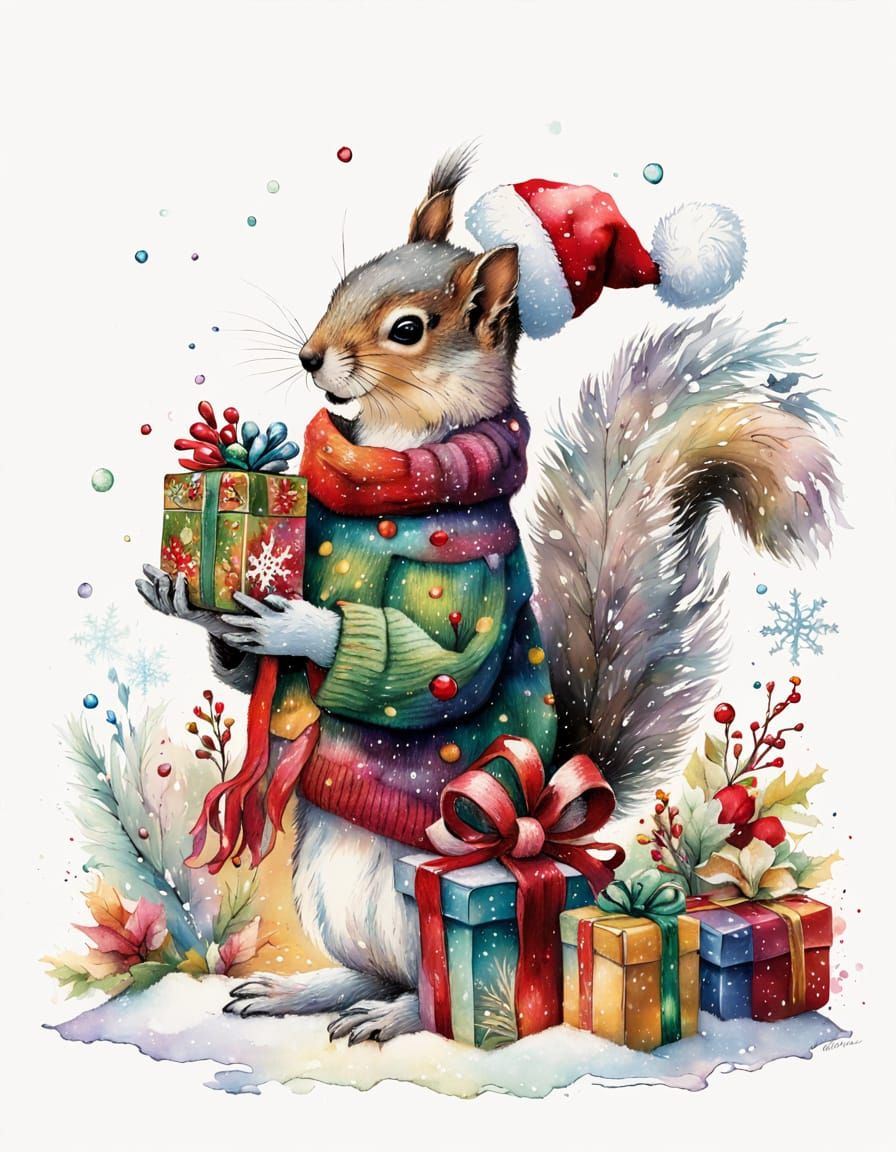 Elegant Squirrel in Christmas Sweater with Gift