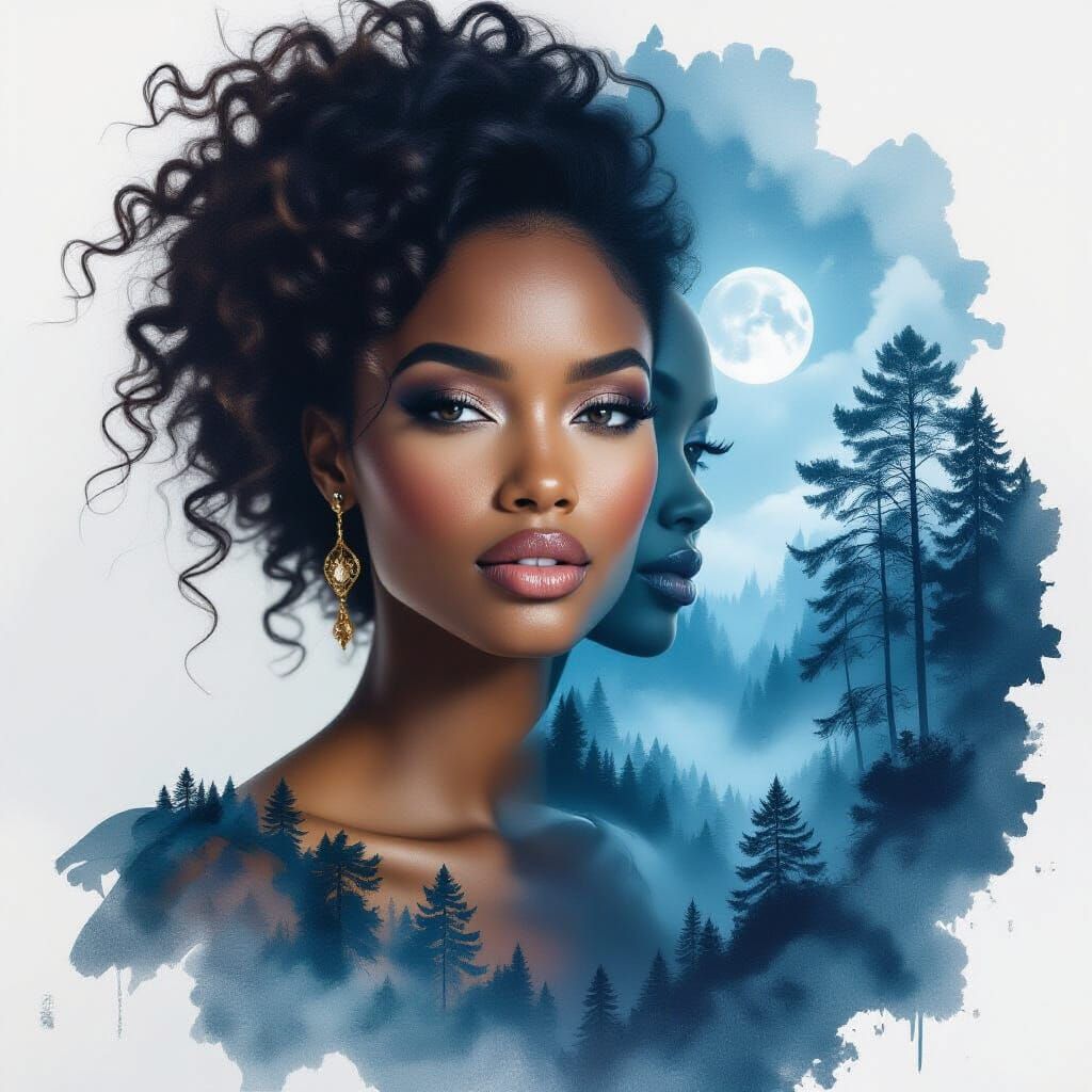 Elegant Supermodel in Mystical Forest Double Exposure