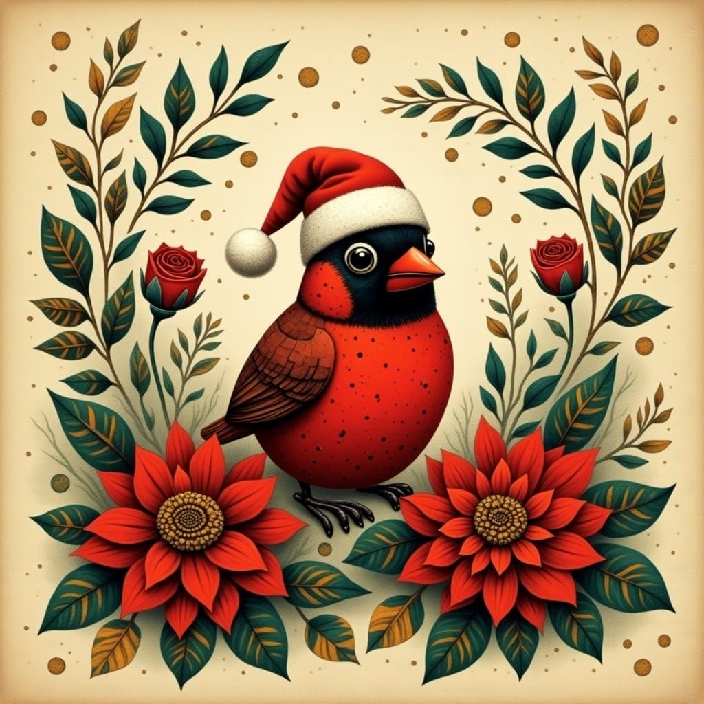 Festive Cardinal in Christmas Floral, Folk Art Style