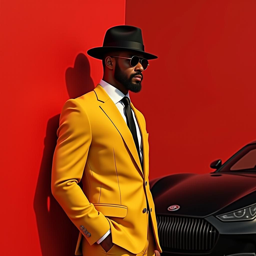 Man in Yellow Suit Against Red Wall