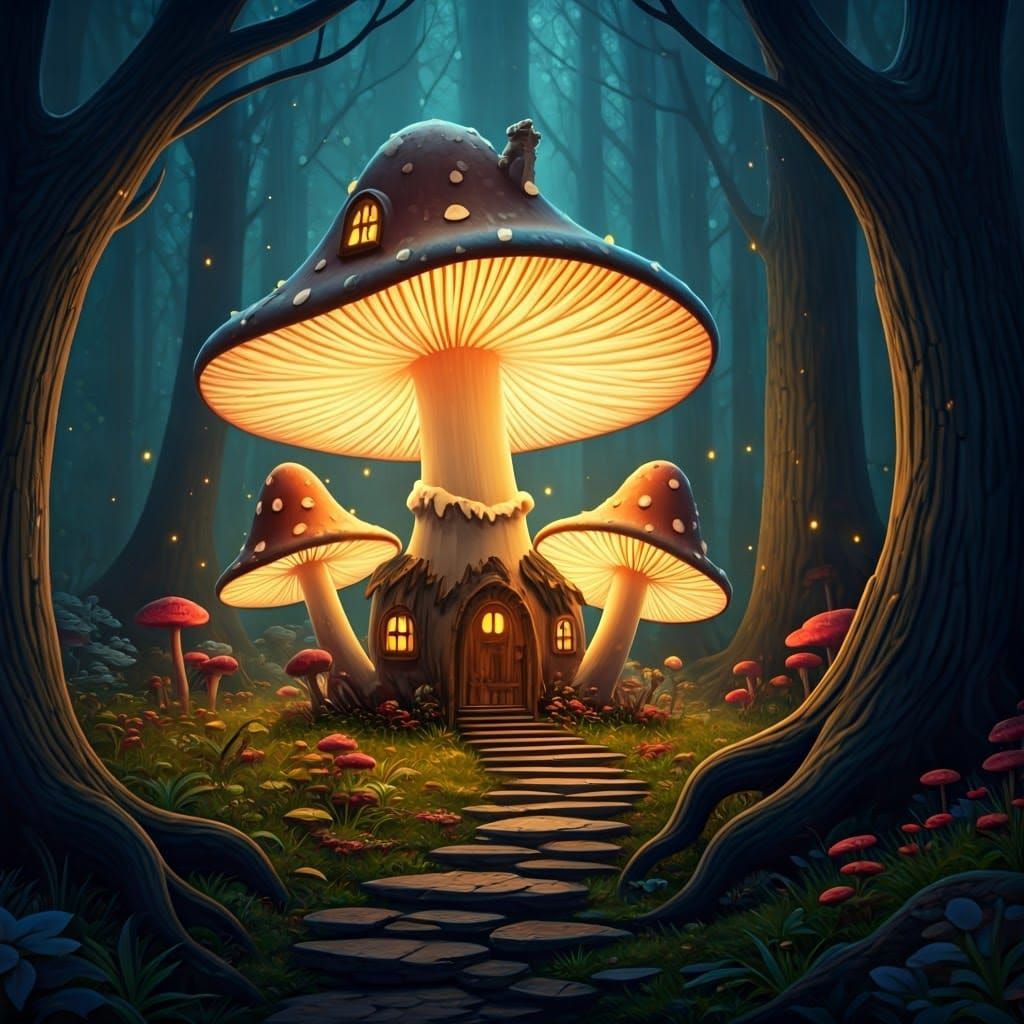 Glowing Mushroom Houses in Mystical Forest