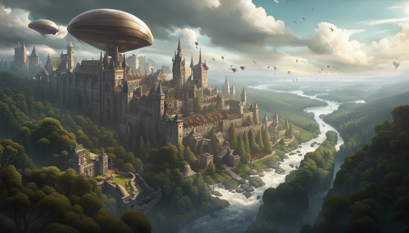 Fantasy Cityscape with Airships and Dragons
