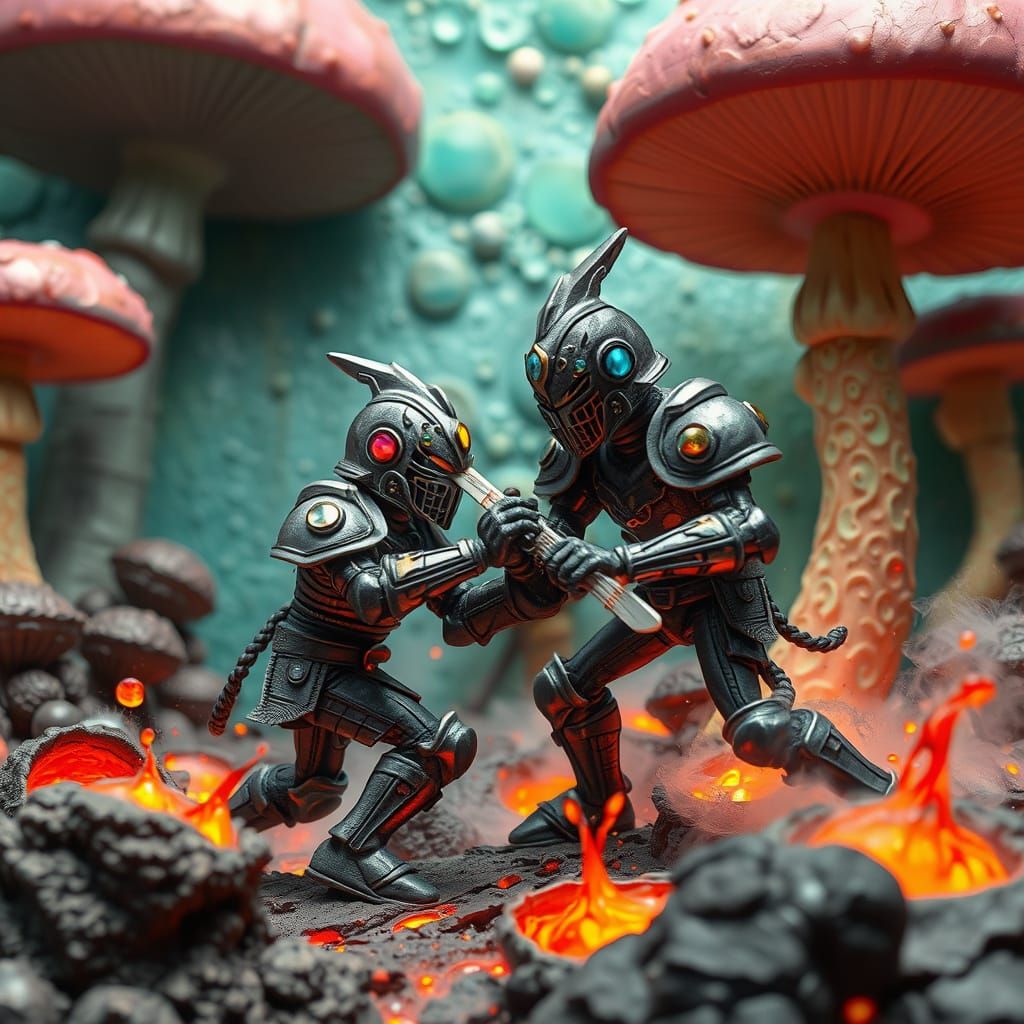 Claymation Warriors Clash in Surreal Landscape