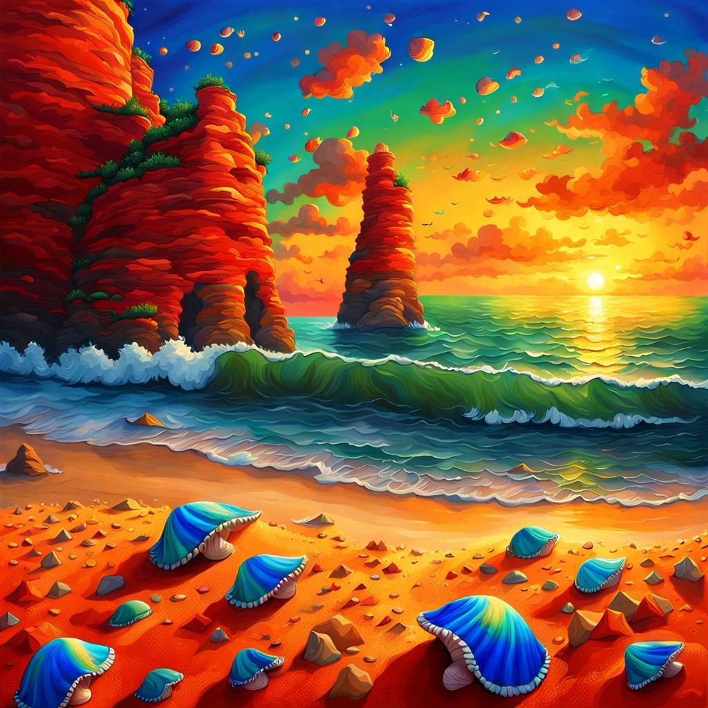 Colorful Shells on Red Sand Beach at Sunset