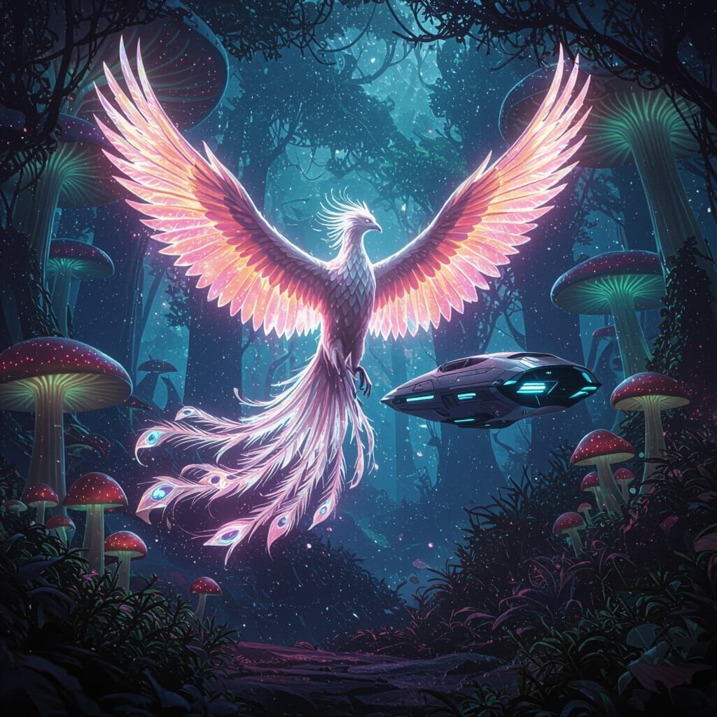 Crystalline Phoenix Soars in Bioluminescent Forest