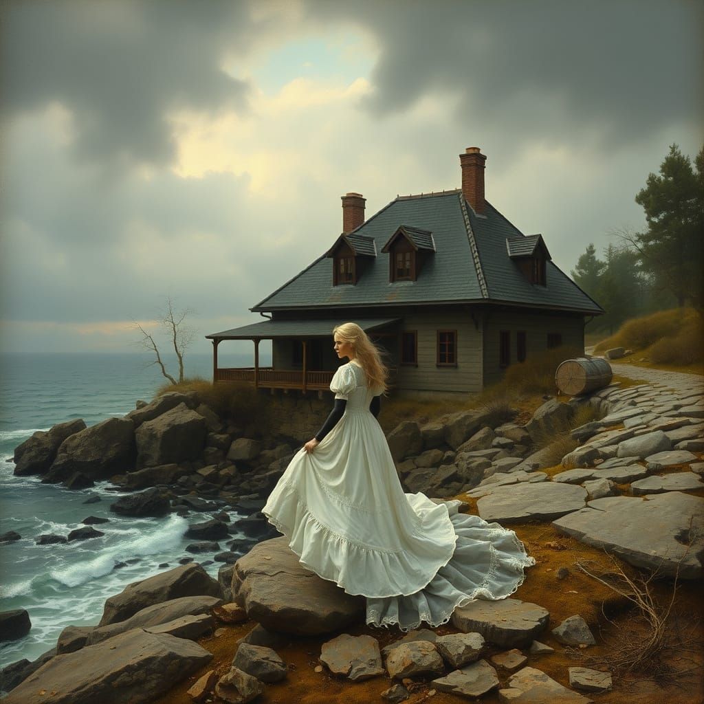 Surreal Seaside Dacha Scene in Dreamlike Style