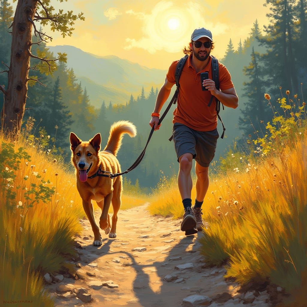 Energetic Dog and Owner on Sunlit Hiking Trail
