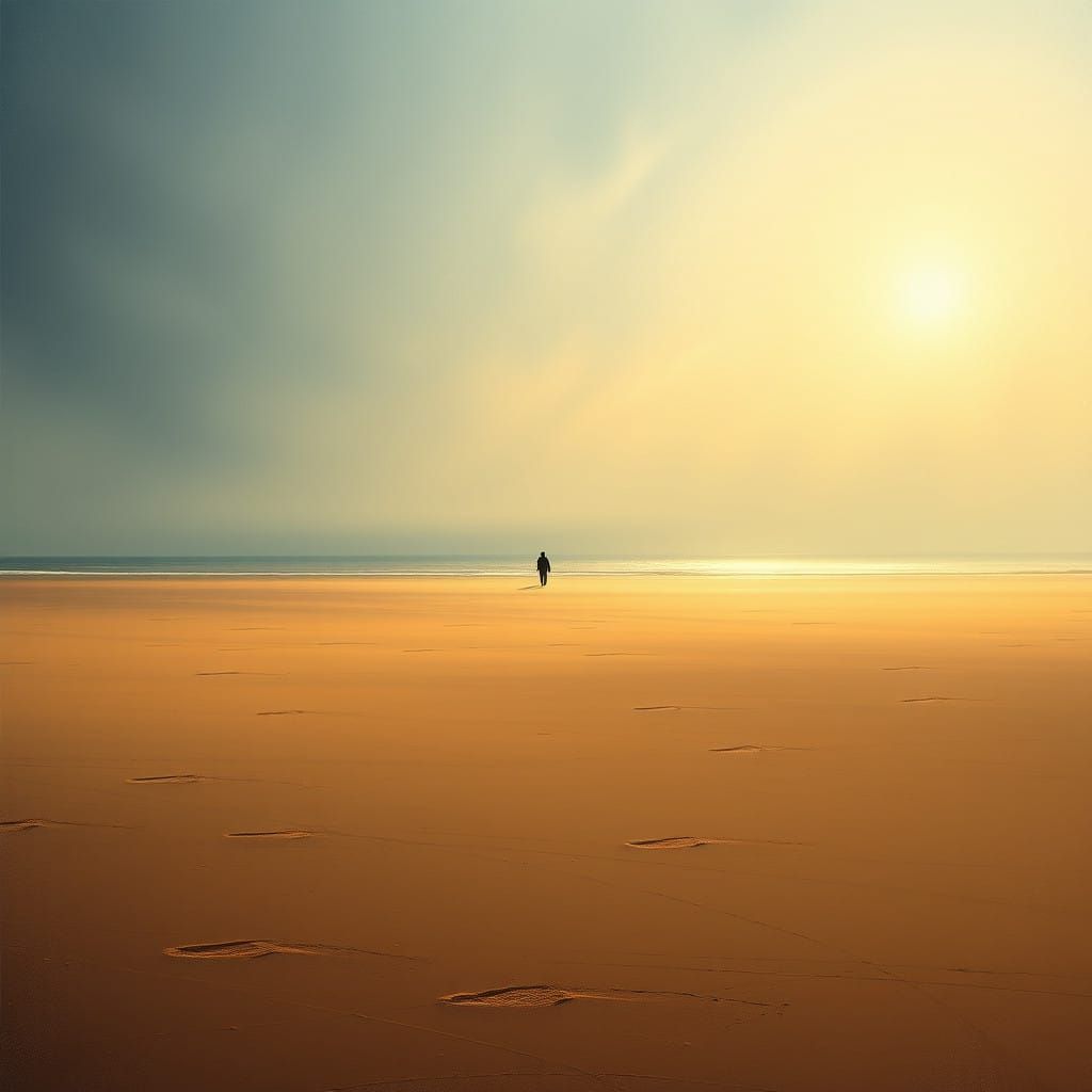 Surreal Coastal Figure Walks into Dawn's Golden Glow