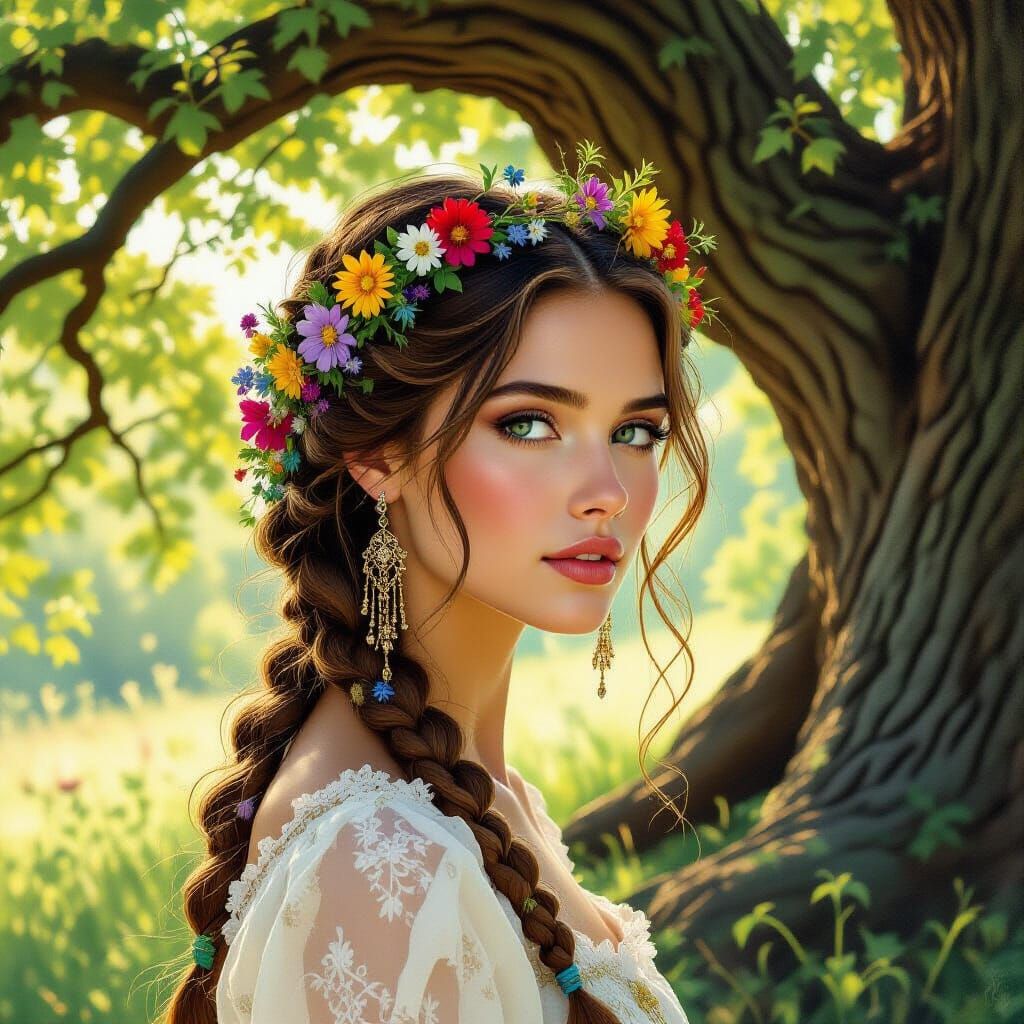 Woman's Braided Hair Crowned with Wildflowers, Golden Hour L...