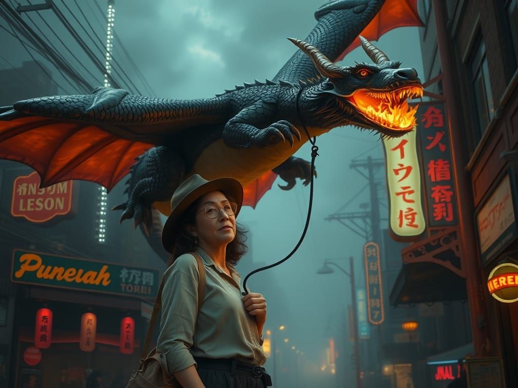 Woman Leads Dragon Through Neon Cityscape