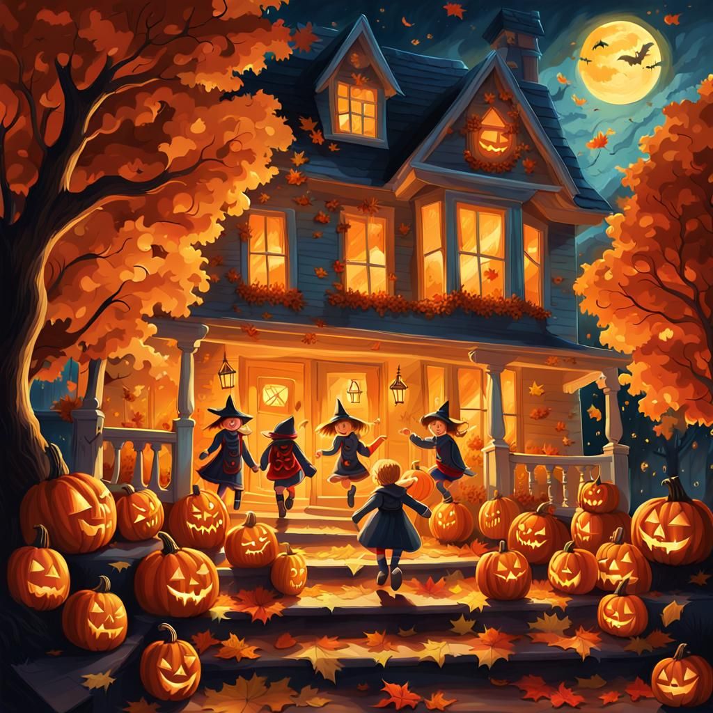 Happy Halloween: Children Trick-or-Treating in Oil Painting ...