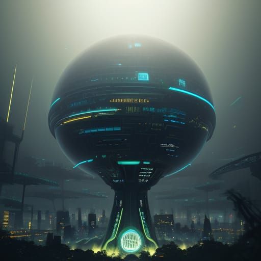 Futuristic Cityscape within a Dome, Bioluminescent Glow
