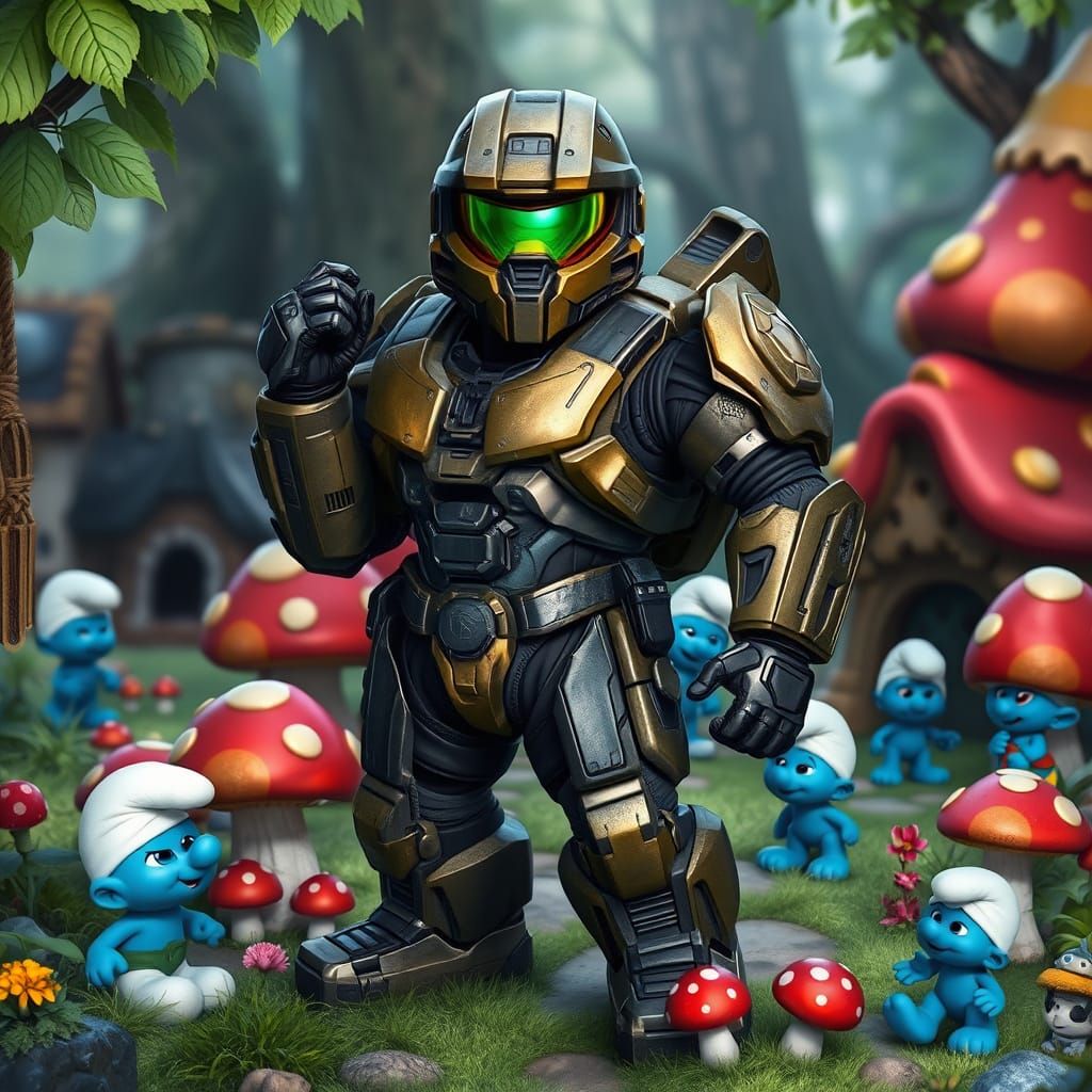 Master Chief in Smurf Village, Blending Gritty Halo and Whim...