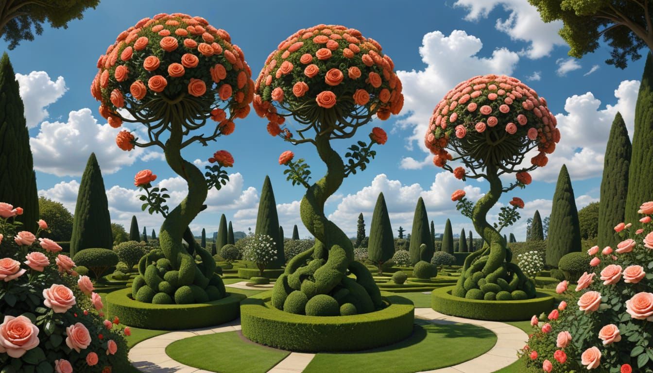 Surrealistic Garden of Paradoxical Proportions in Op-Art Sty...