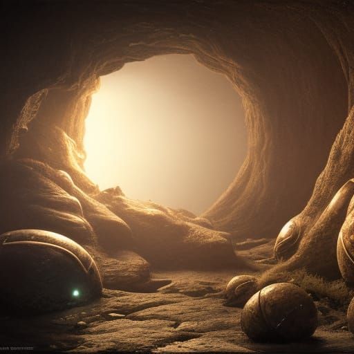 Hyperrealistic Alien Eggs in Dark Cavern