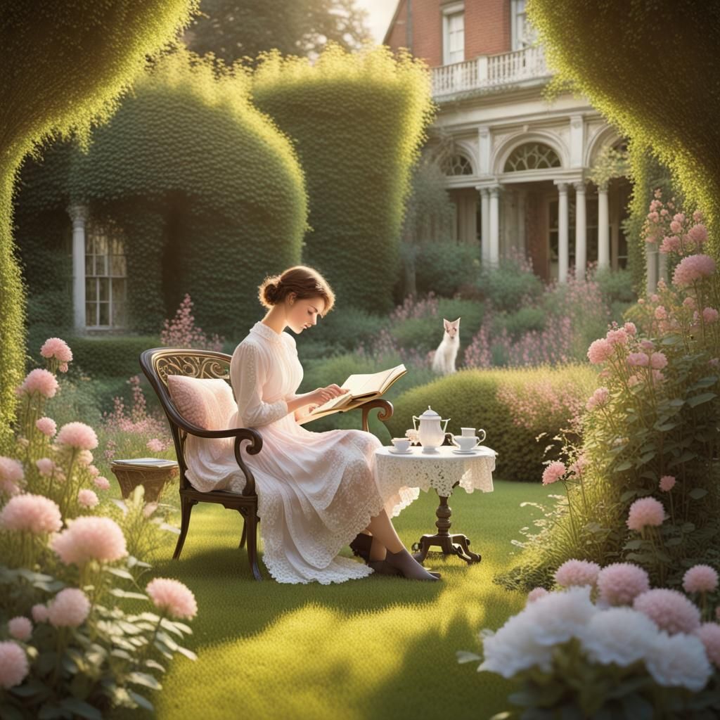 Retro Chemigram , A 1920ish young lady reading in a lush Vic...