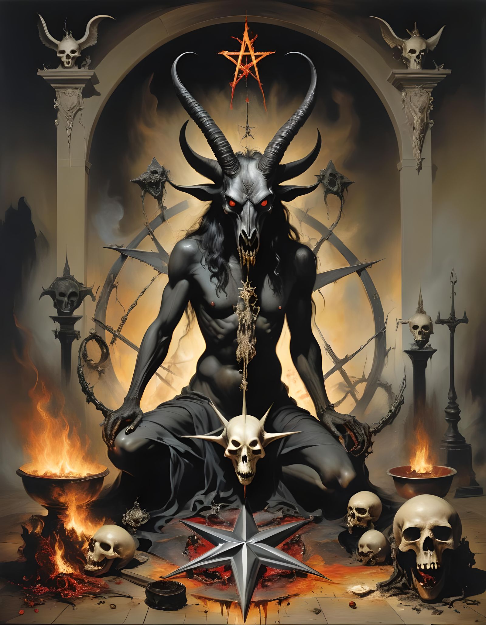 Baphomet at Black Mass in Gothic Surrealism