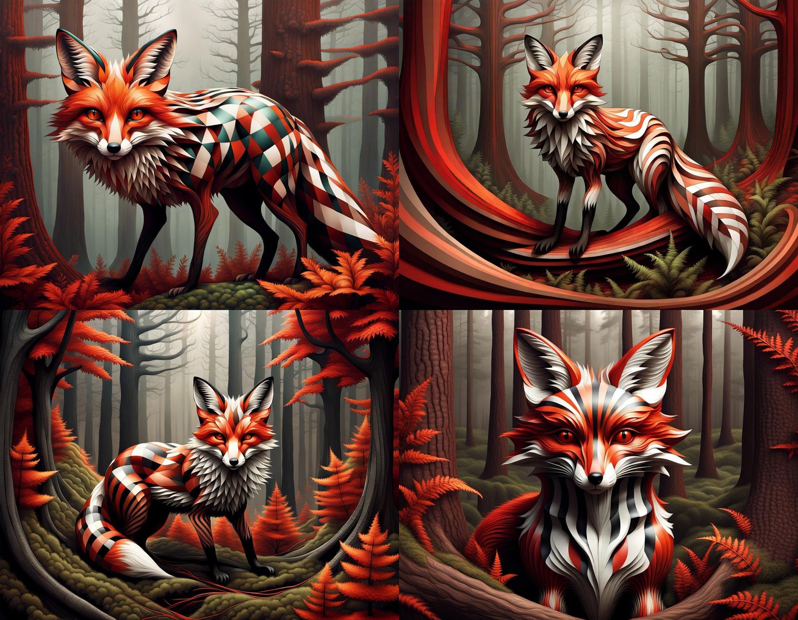 Optical Illusion Fox in Abstract Fractal Forest