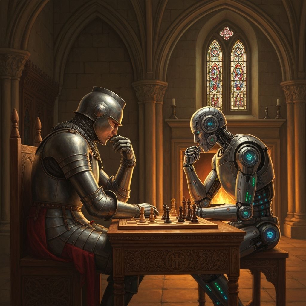 Medieval Knight vs Robot Chess Match in Grand Hall