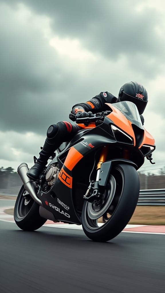 Motorcycle Rider in Sharp Turn on Racetrack, Black and Orang...