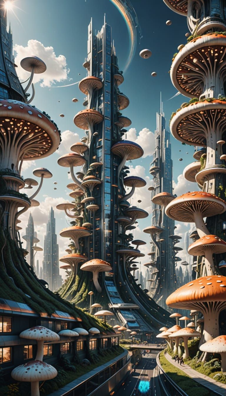 Futuristic City of Mushroom-Inspired Skyscrapers in Vibrant,...