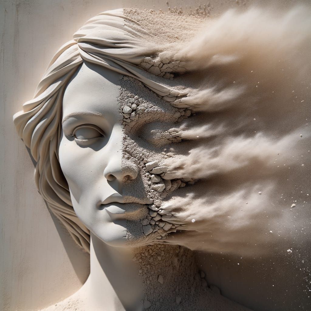 Gypsum Sculpture of Woman's Face Eroding in Wind
