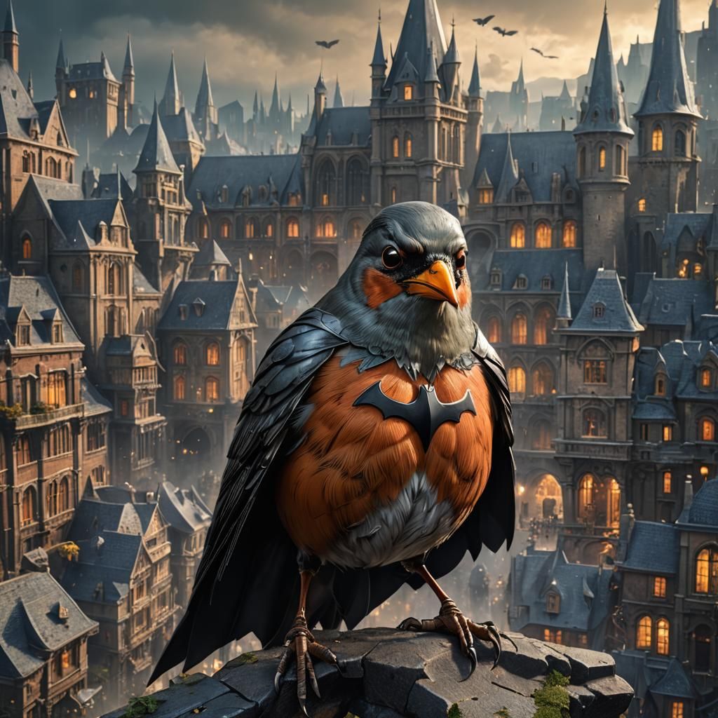 European Robin Bird as Batman: Detailed Digital Artwork