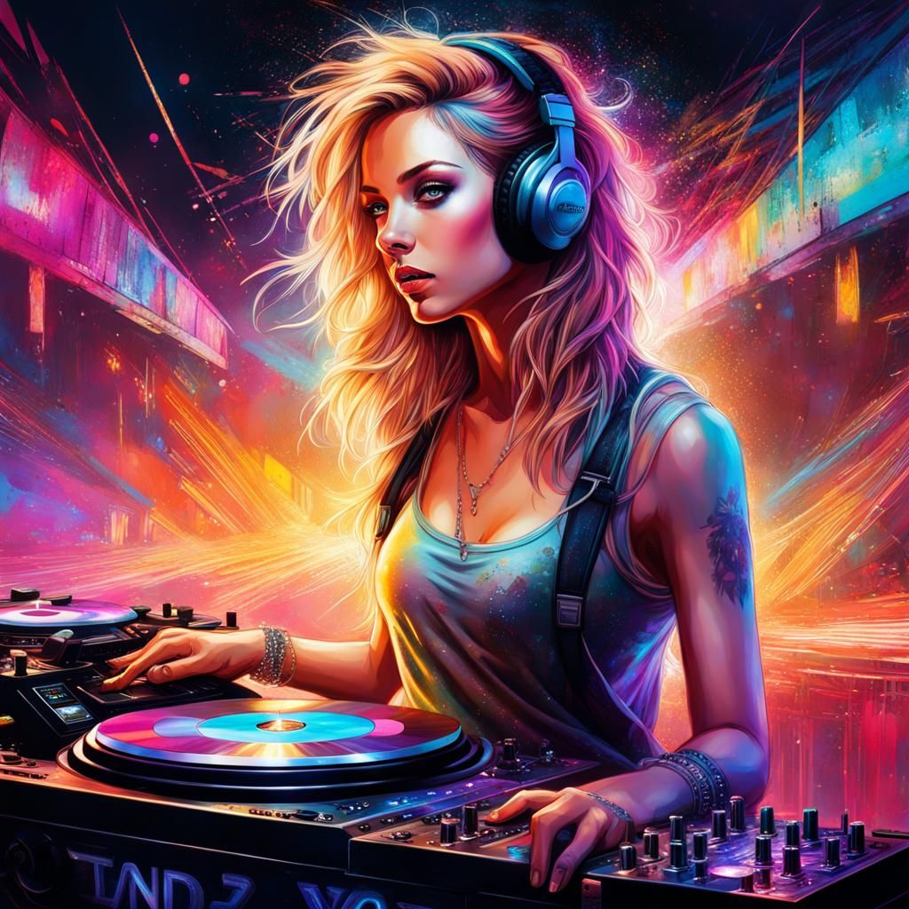 Gorgeous Female DJ in Nightclub with Disco Lights