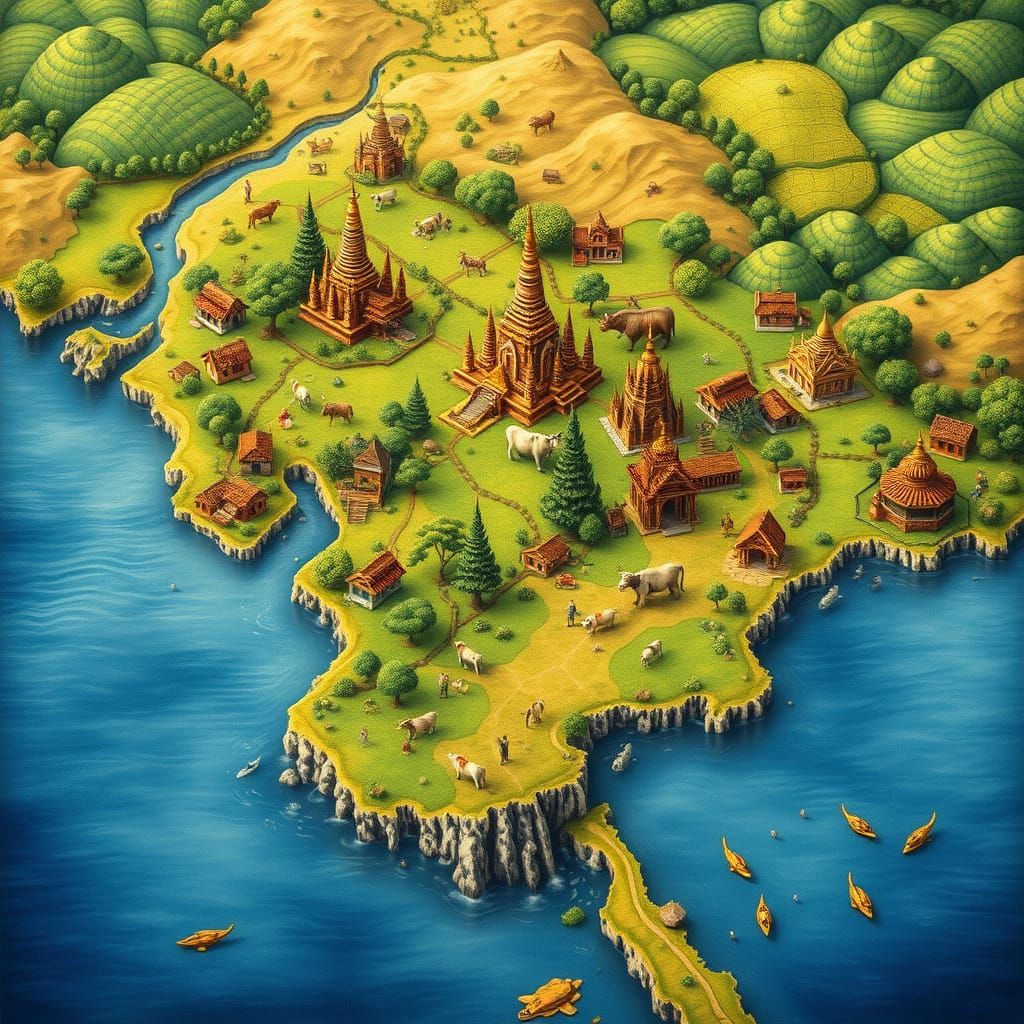 Detailed Map of Myanmar with Rice Paddies and Temples