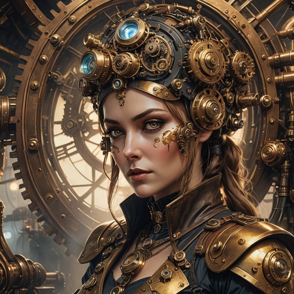 Android Dieselpunk Sorceress in Golden Steampunk Style