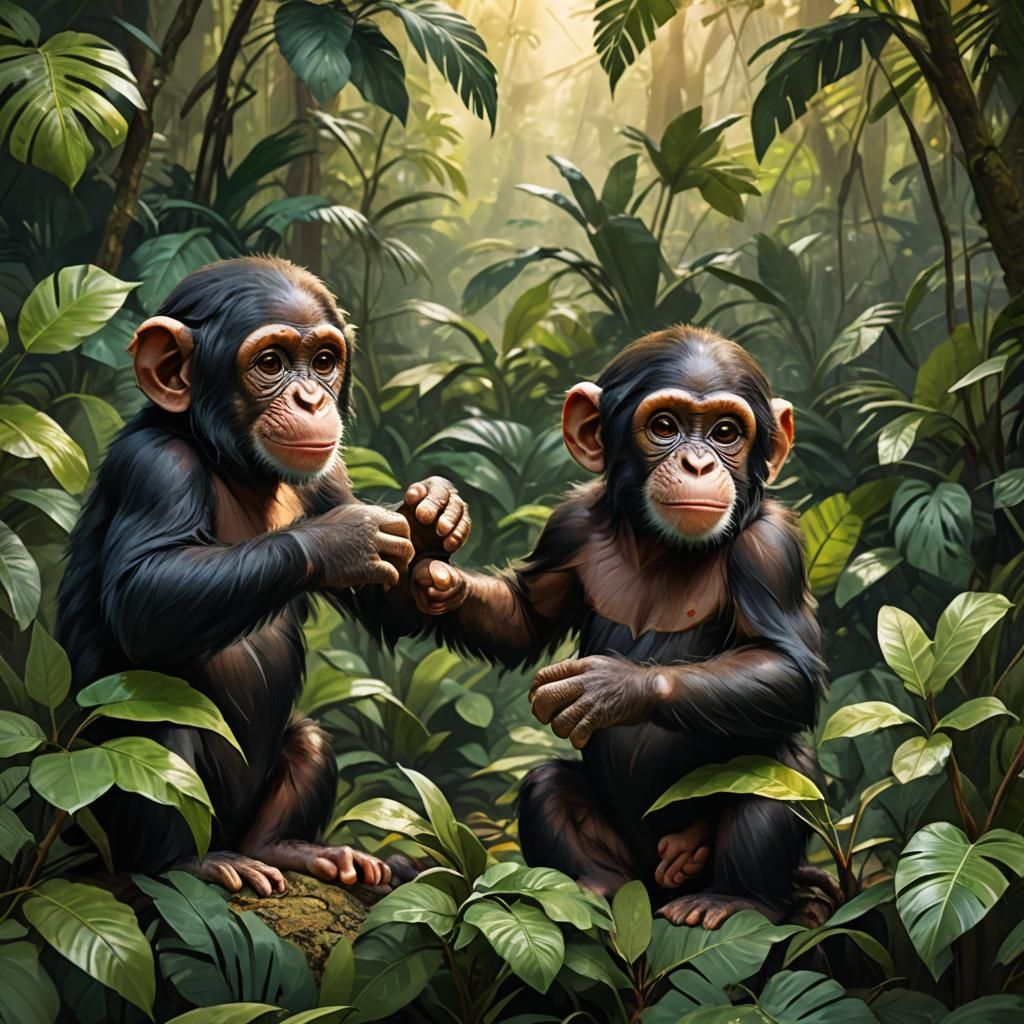Lush Jungle Scene Featuring Two Playful Baby Chimpanzees