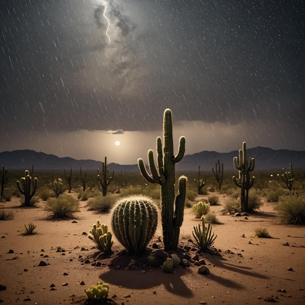 Night Desert Rainstorm: Realistic Photography