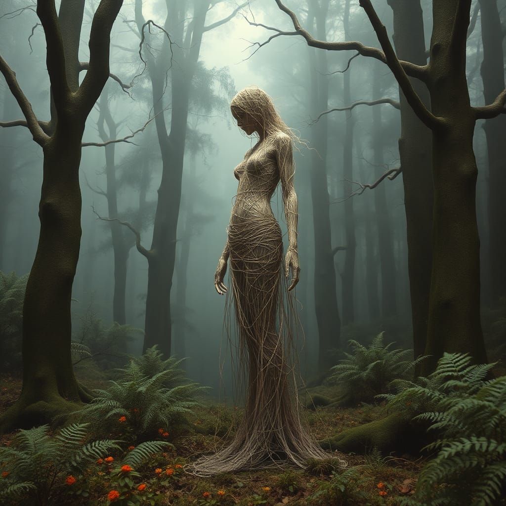 String Figure in Misty Forest, Surreal Art