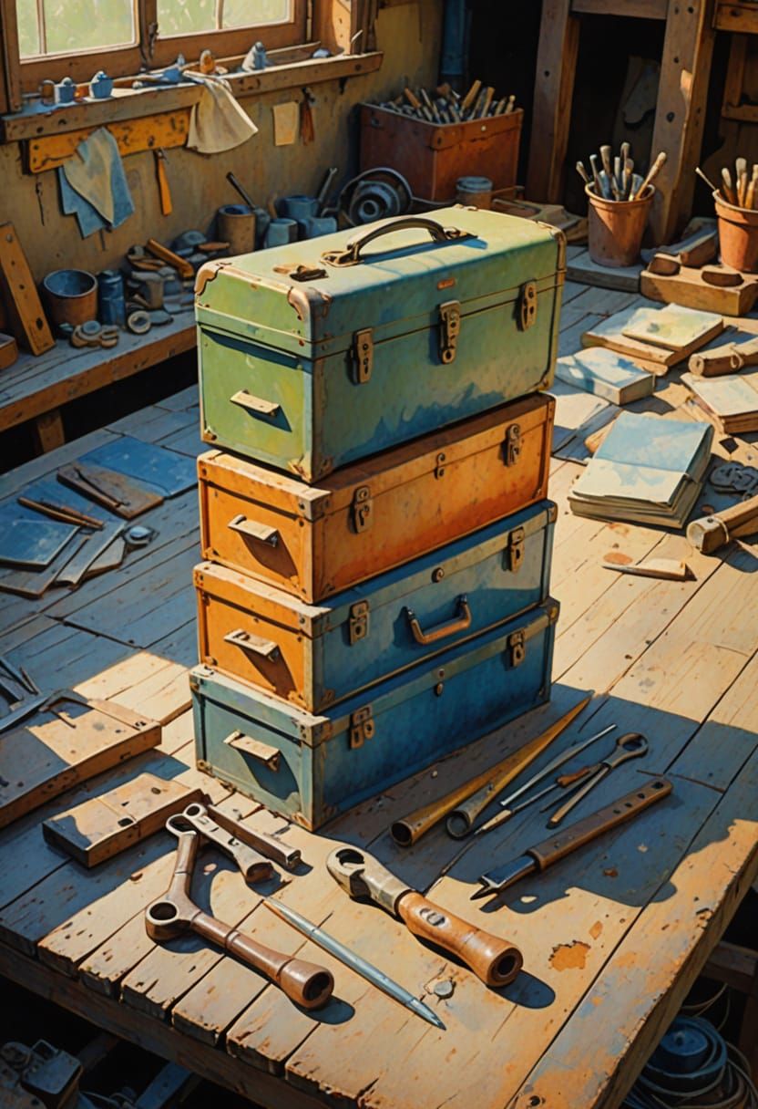 Vintage Soviet Toolbox in Watercolor Gouache Style